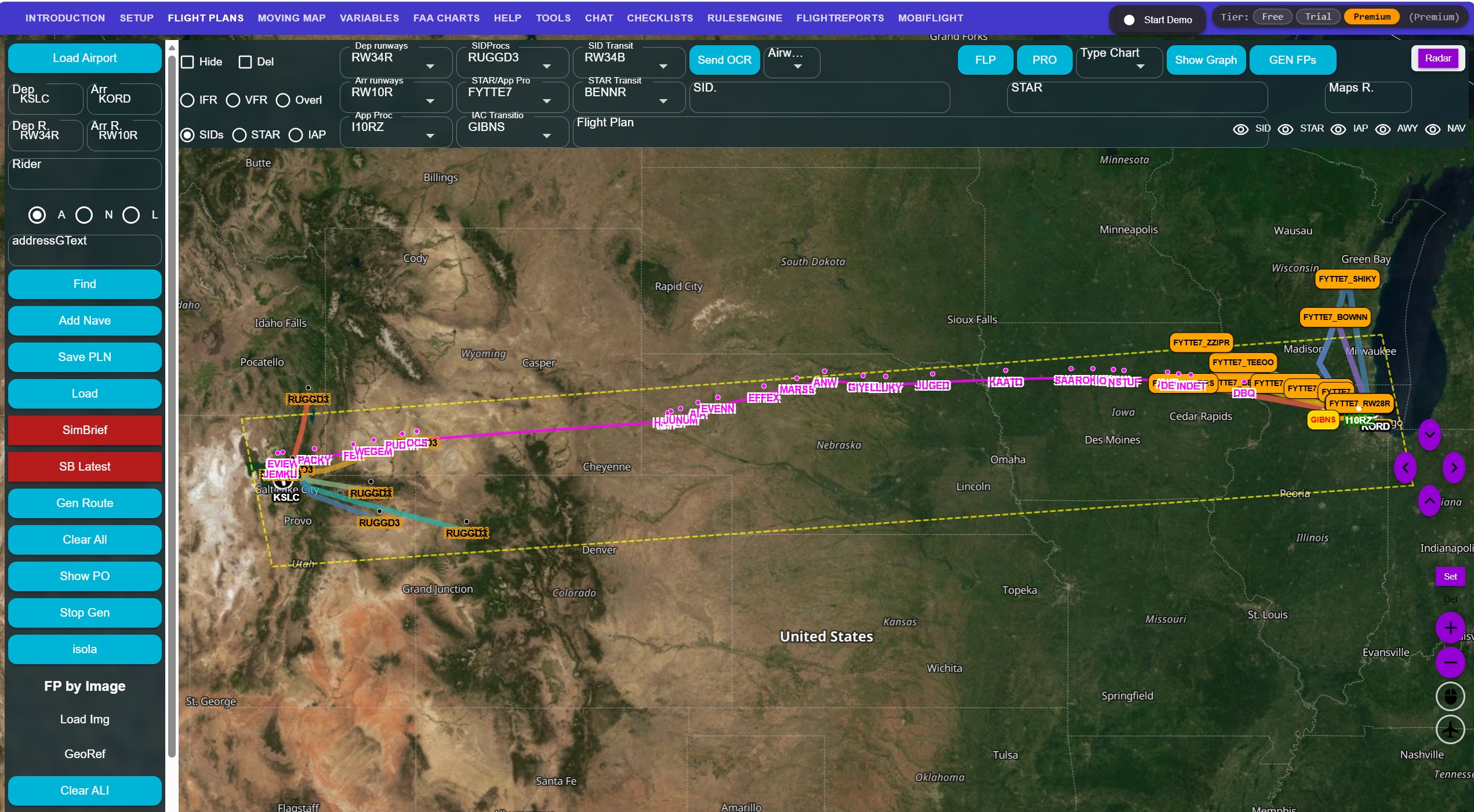 IFR flight plan on the map