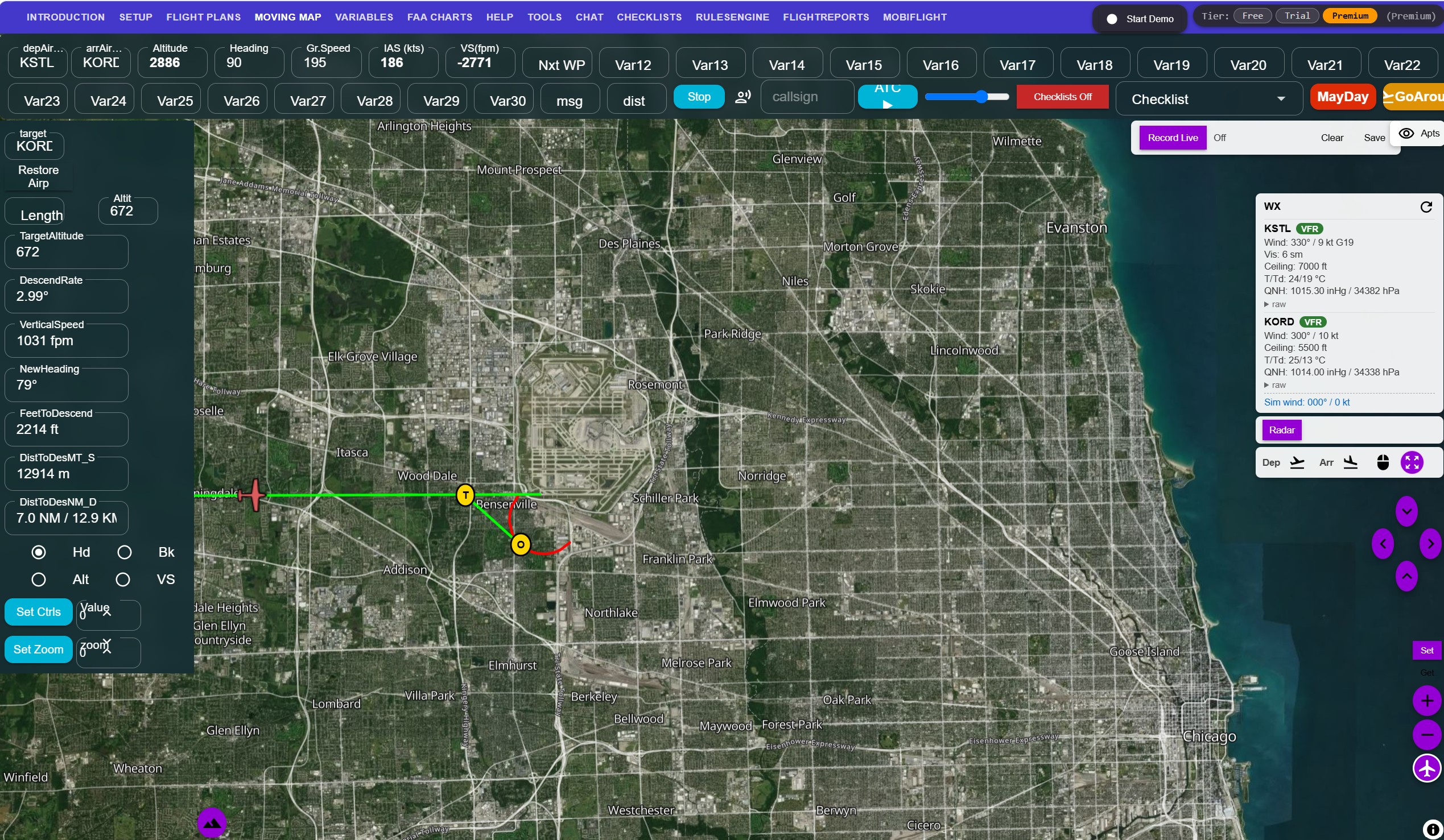 SimFlyMinimums satellite moving map on approach to Chicago O'Hare (KORD), showing live aircraft position, runway and the 2.99° descent-rate guidance panel